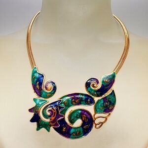 Vintage Abstract Swirls Purple Green Blue Enamel Choker Snake Chain Necklace
